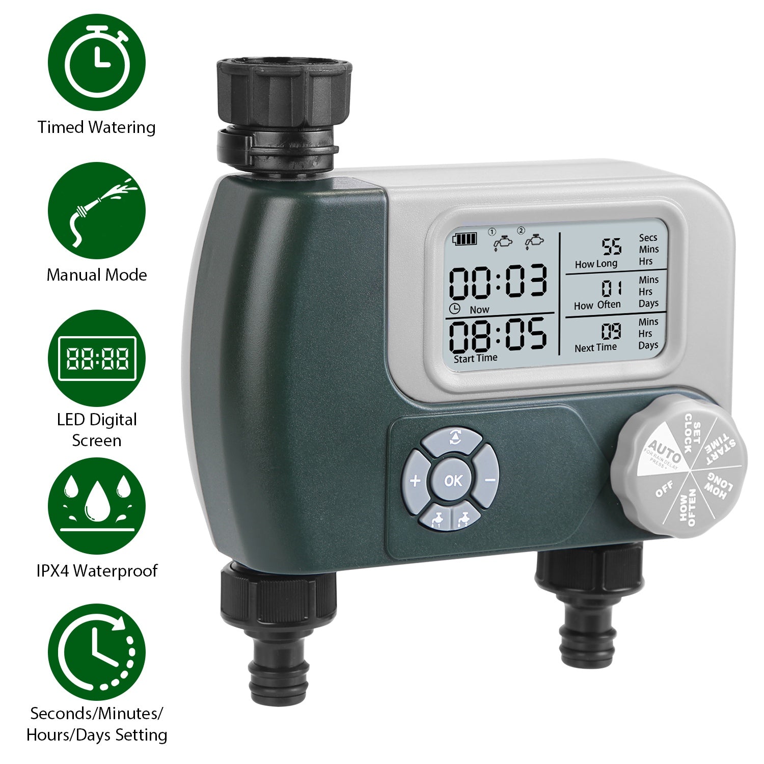 Sprinkler Timer with 2 Outlet Zones Digital Programmable Hose Faucet Timer Manual Automatic Watering Intelligent Drip Irrigation System for Garden Yar