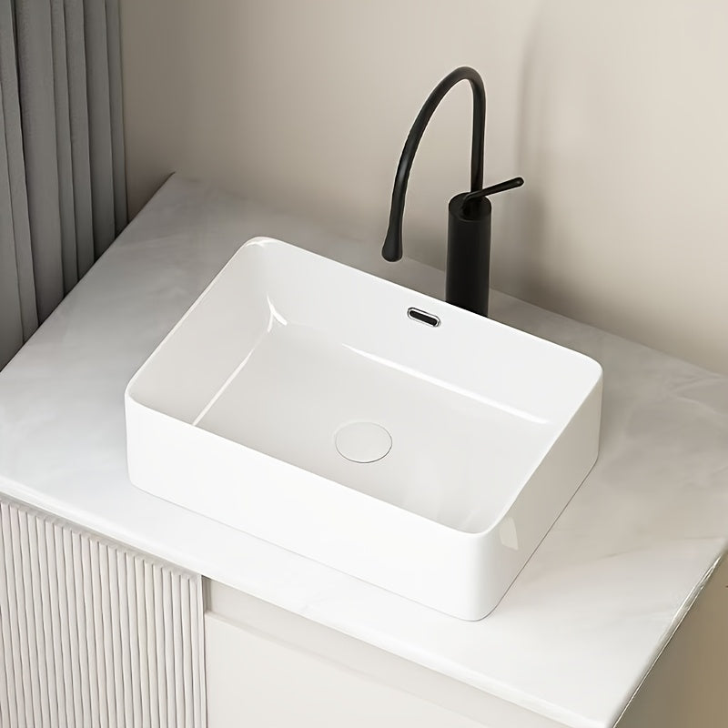 Modern Nordic Style Ceramic Vanity Sink - Rectangular Countertop Basin with Black Faucet for Home, Hotel, or Bathroom - Classic White Design, Freestanding Installation, Bathroom Sink 