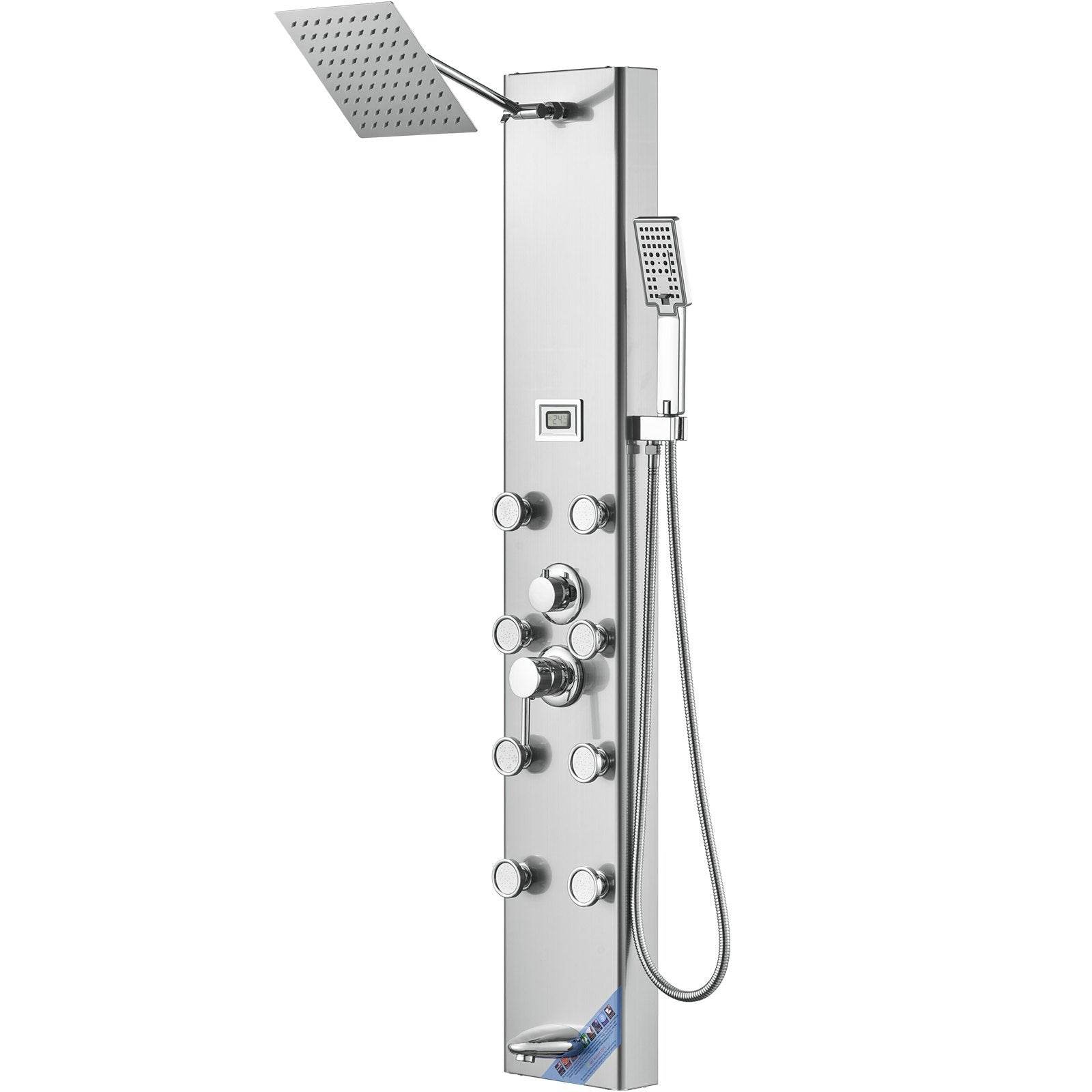 Shower Panel System, 5 Shower Modes, Digital Display Shower Panel Tower, Rainfall, 8 Massage Jets, Tub Spout, 3-Setting Handheld Shower Head 59 Hose, Stainless Steel Wall-Mounted Shower Set 