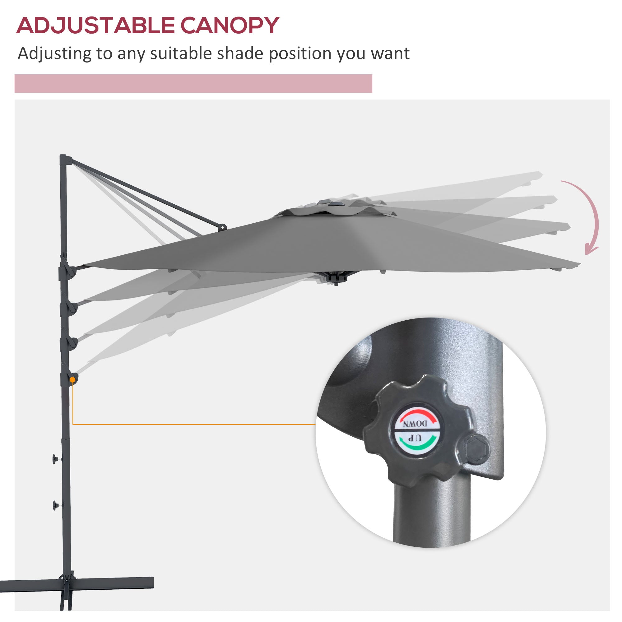 Outsunny Sunshade Sanctuary: 10FT Offset Cantilever Umbrella with 360° Rotating Aluminum Frame, Crank Lift 8 Ribs Cross Base Grey 