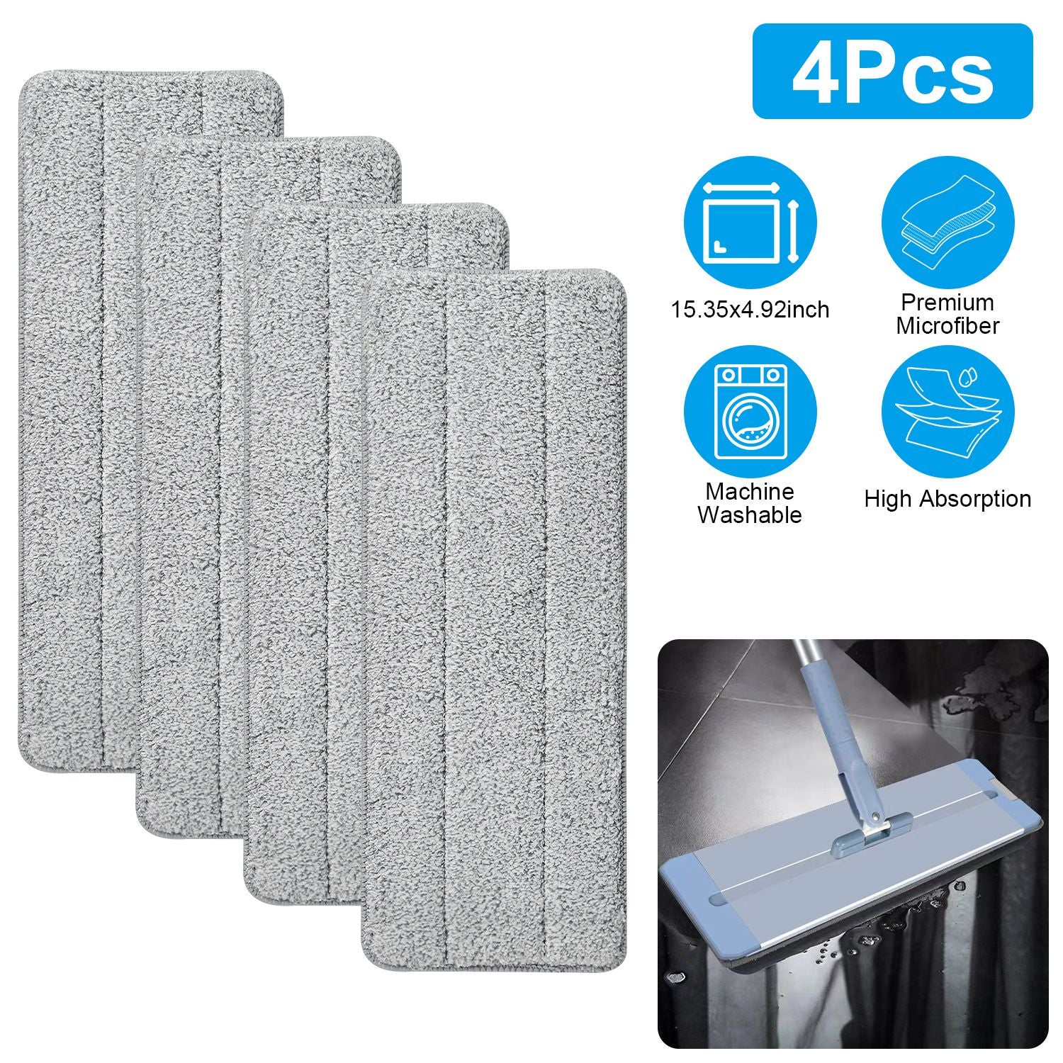 4Pcs Microfiber Mop Pads Reusable Machine Washable Cloth Mop Flat Replacements Head 15.35x4.92in for Wet Dry Floor Cleaning