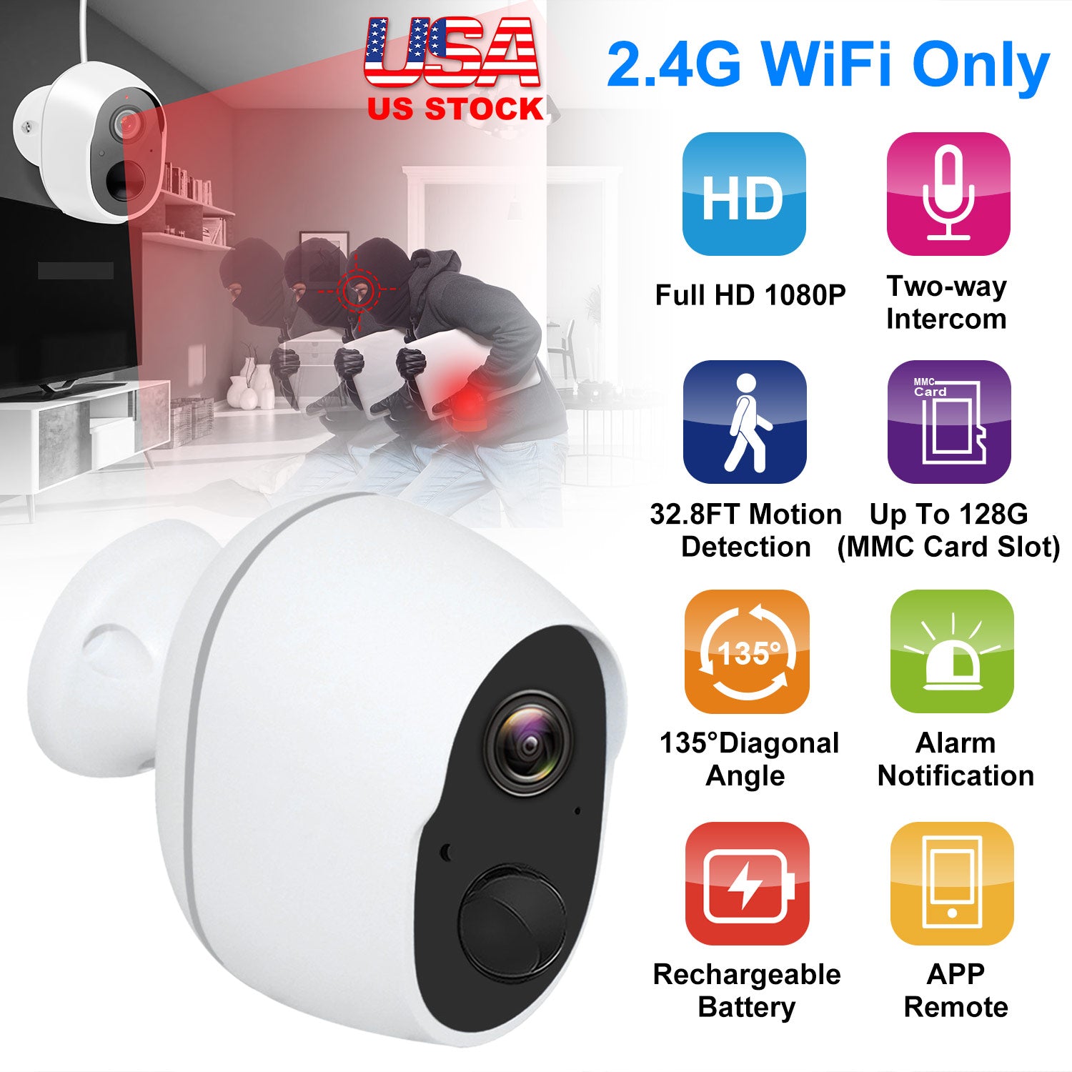 1080P WiFi IP Camera PIR Motion Detection IR Night Vision Camcorder IP66 Waterproof Security Surveillance Camera App Cloud Available for Indoor Outdoo