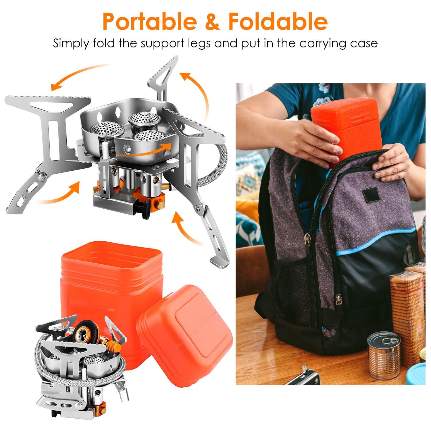 4000W Portable Camping Stove Foldable Powerful Gas Stove Backpacking Burner Collapsible Piezo Ignition with Carrying Case for Outdoor Hiking Cooking