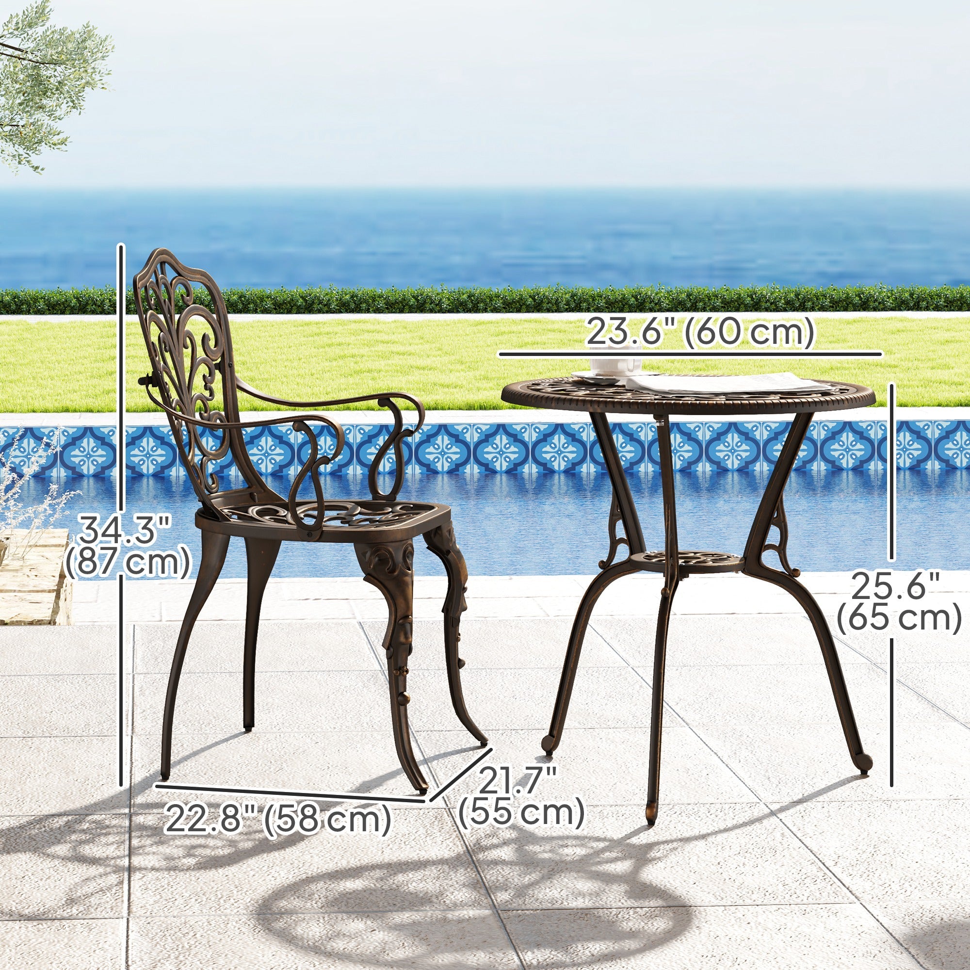 Outsunny 3 Pieces Cast Aluminum Bistro Set, Outdoor Patio Furniture Set with Umbrella Hole for Garden Balcony, Bronze 