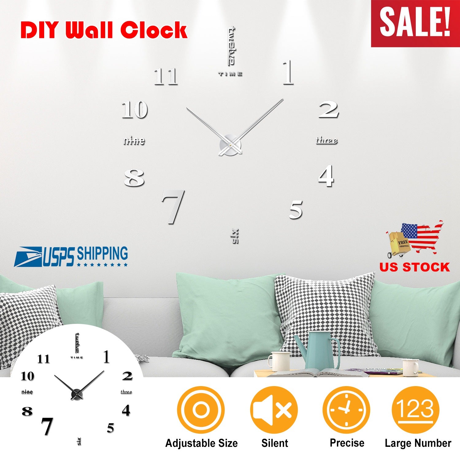 DIY Wall Clock 3D Mirror Surface Sticker Modern Art Wall Clock Home Office Decors Big Number Watch 