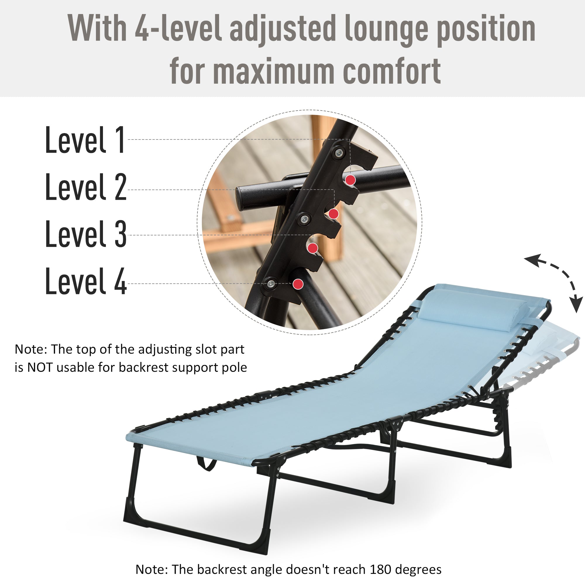 Outsunny Adjustable Folding Beach Bed 4-Level Reclining Lounger Lightweight Portable Camping Light Blue 