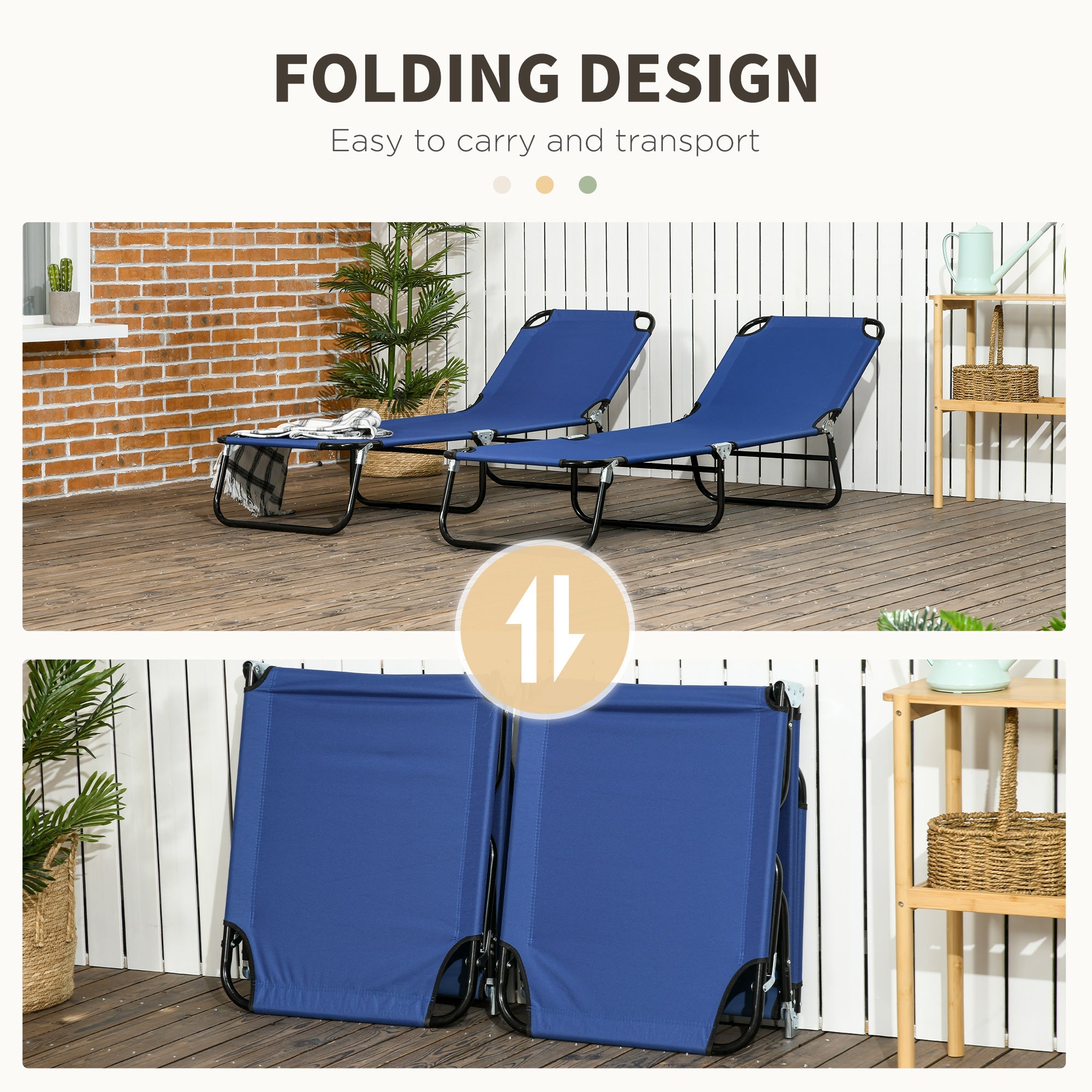 Outsunny Folding Outdoor Lounge Chair Set of 2 Sun Tanning Blue with Reclining Back Breathable Mesh Beach Patio 