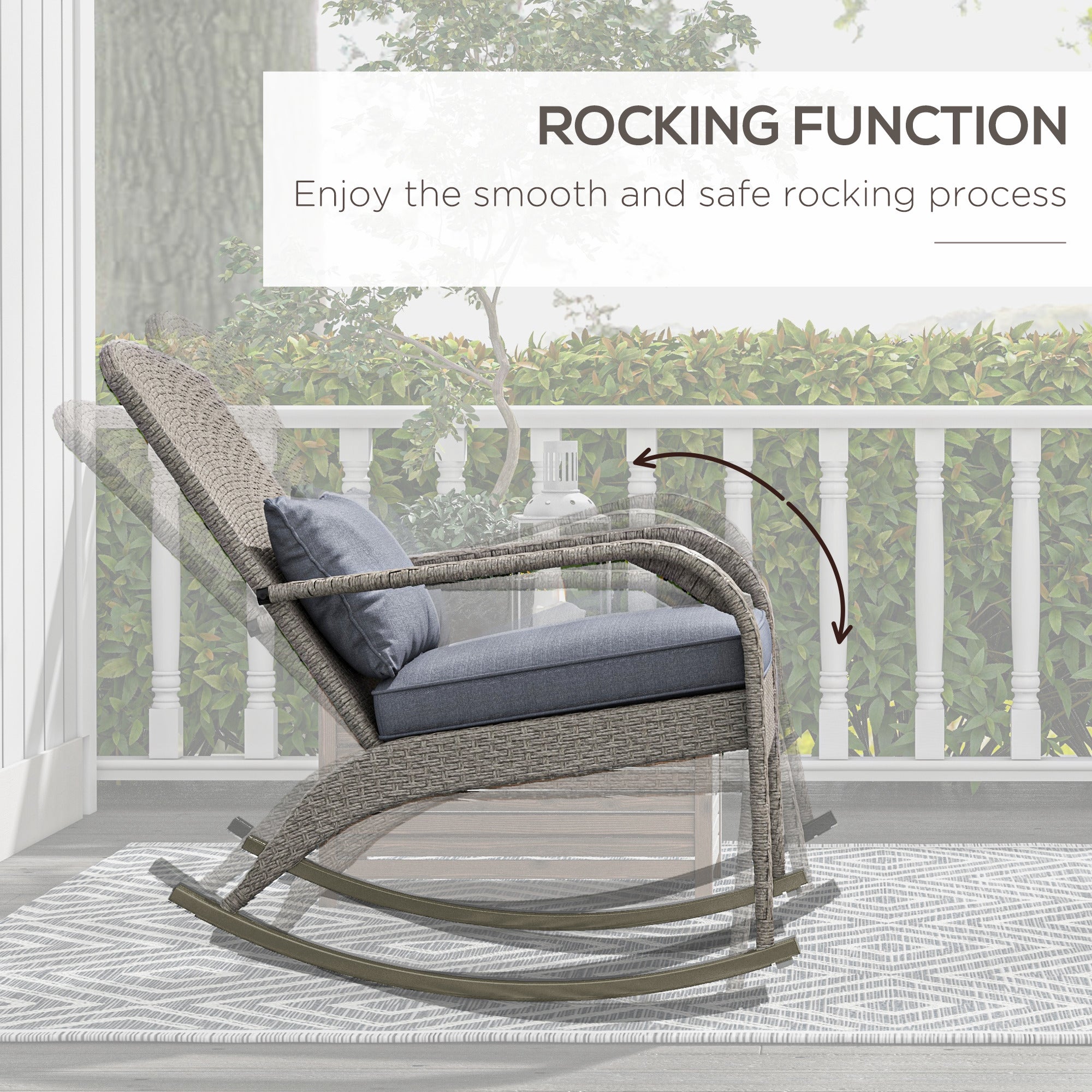Outsunny Adirondack Chair, Outdoor Wicker Rocking Chair with High Back, Seat Cushion and Pillow for Porch, Balcony, Grey 