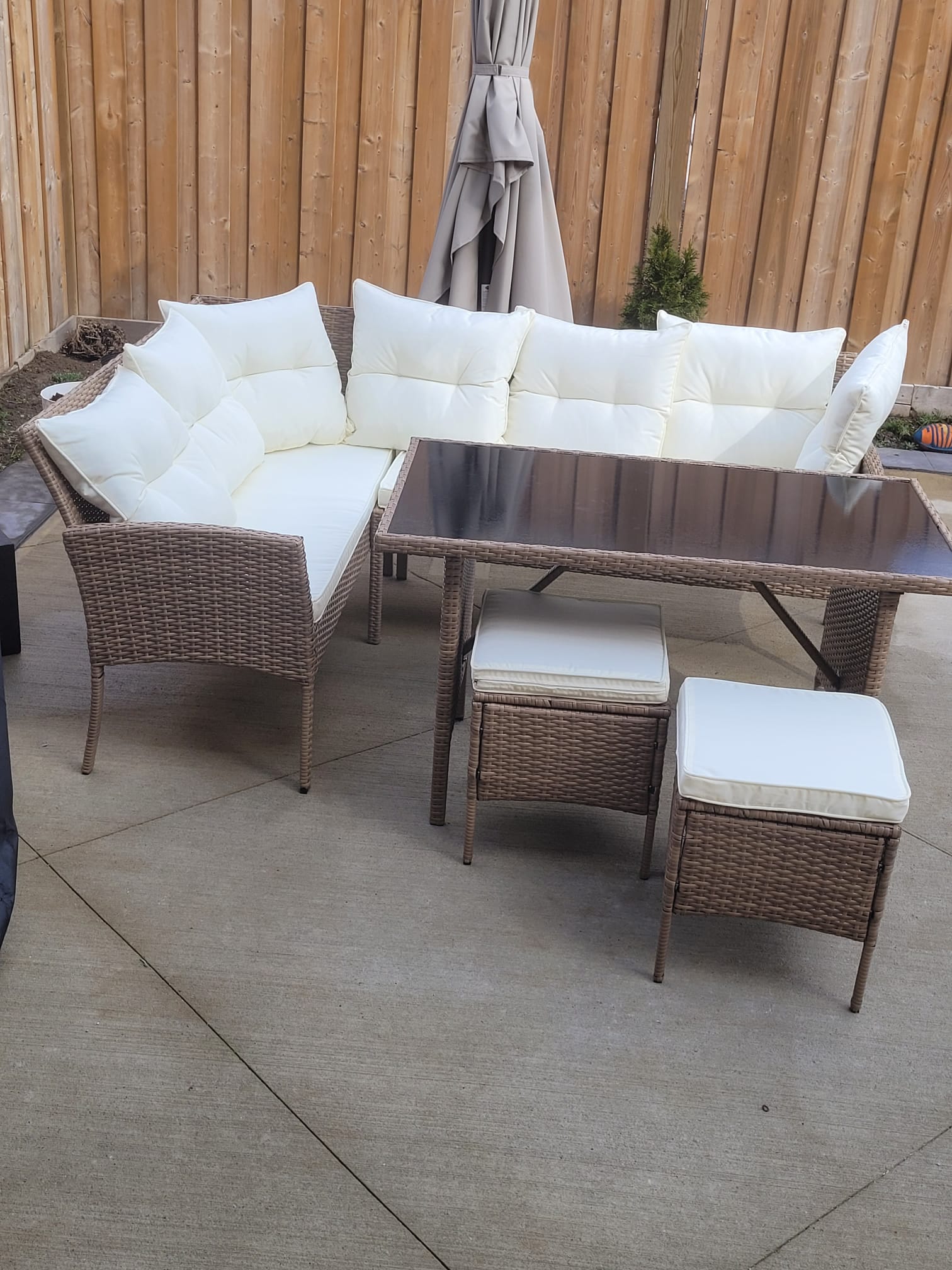 Garden Outdoor 7 pc Lounger Set Dark Brown Wicker with Beige Cushion 