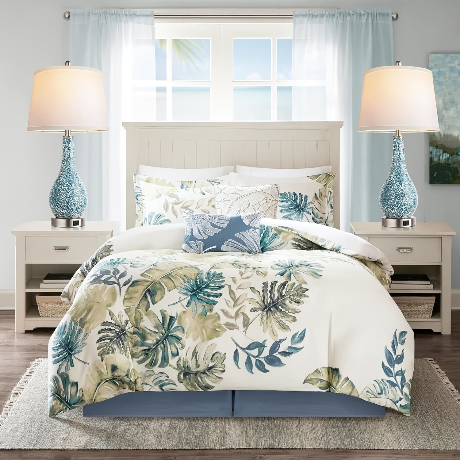 Blue Table Lamps For Bedroom Set Of 2,  With USB A+C Ports, 26" Coastal Large Nightstand Lamp - LED Bulb Included 
