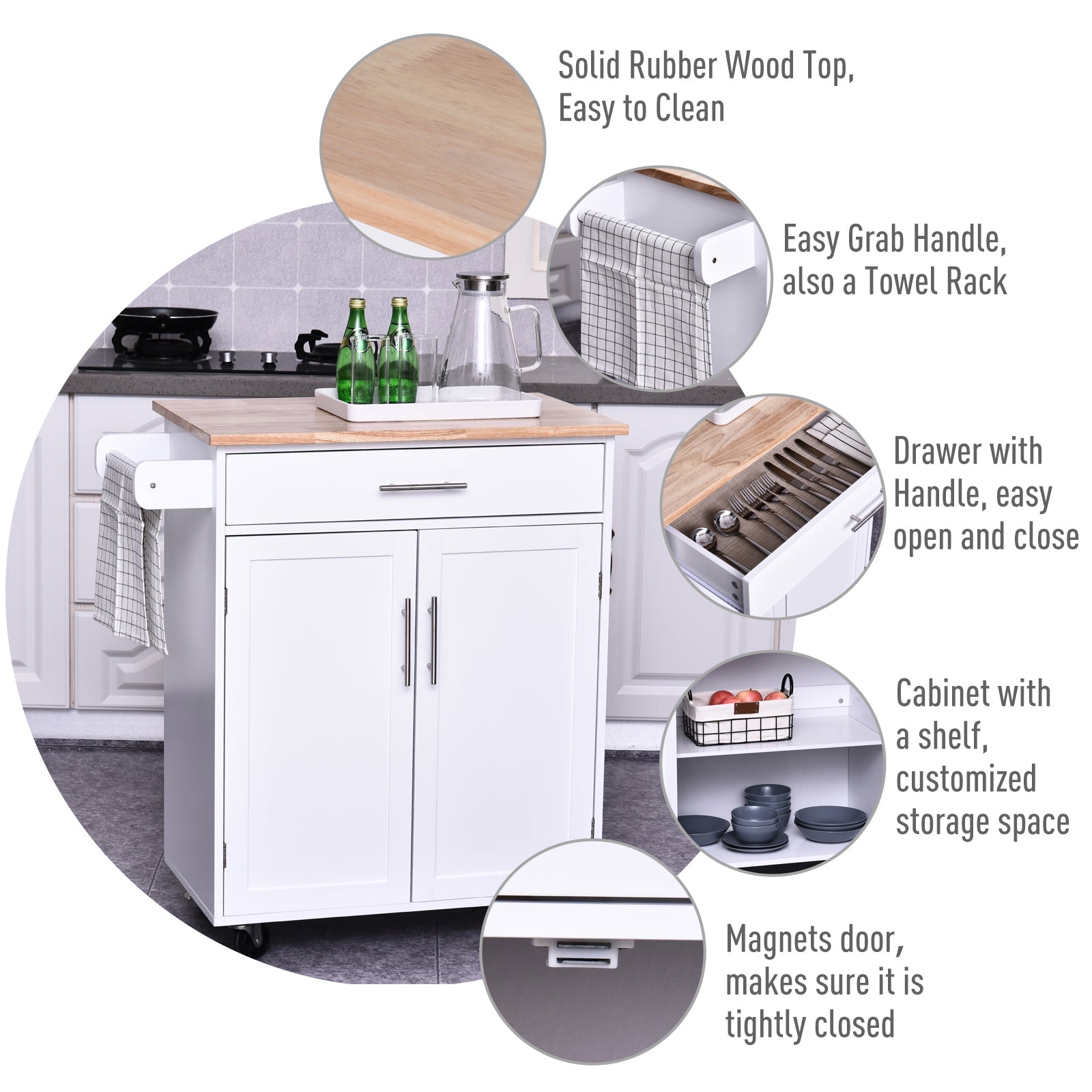 HOMCOM Wooden Kitchen Island Cart: White Rolling Serving Trolley with Storage Drawer, Towel Bar & Wheeled Mobility 