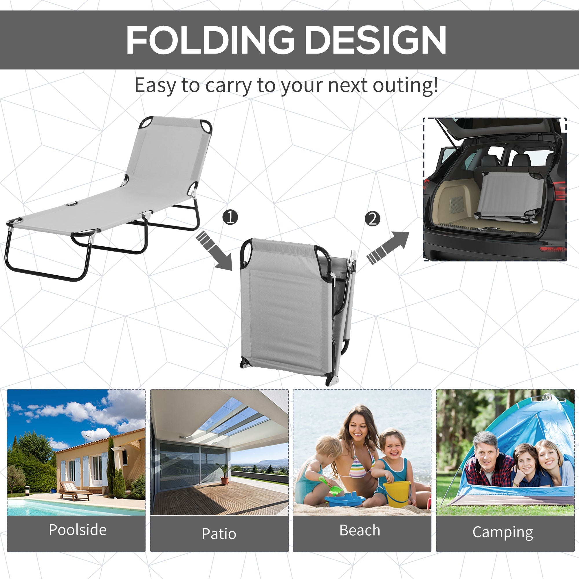 Outsunny Outdoor Lounge Chair Adjustable Folding Chaise Tanning Chair with Sun Shade for Beach Comfort Light Grey 