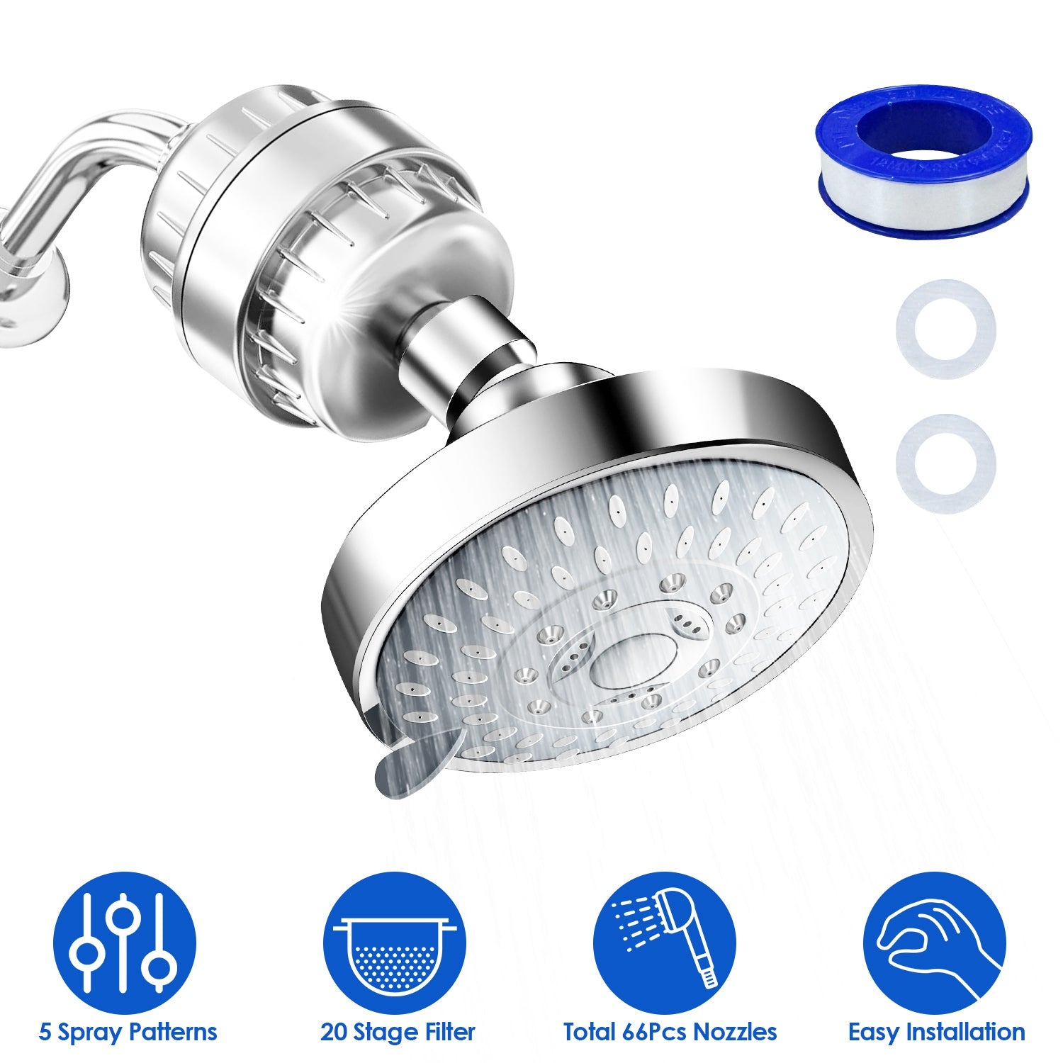 Shower Head with Filter 20 Stage High-Pressure Round Shower Head 4.33in Powerful Rain Shower Head with 5 Modes 360° Rotatable for Remove Chlorine and