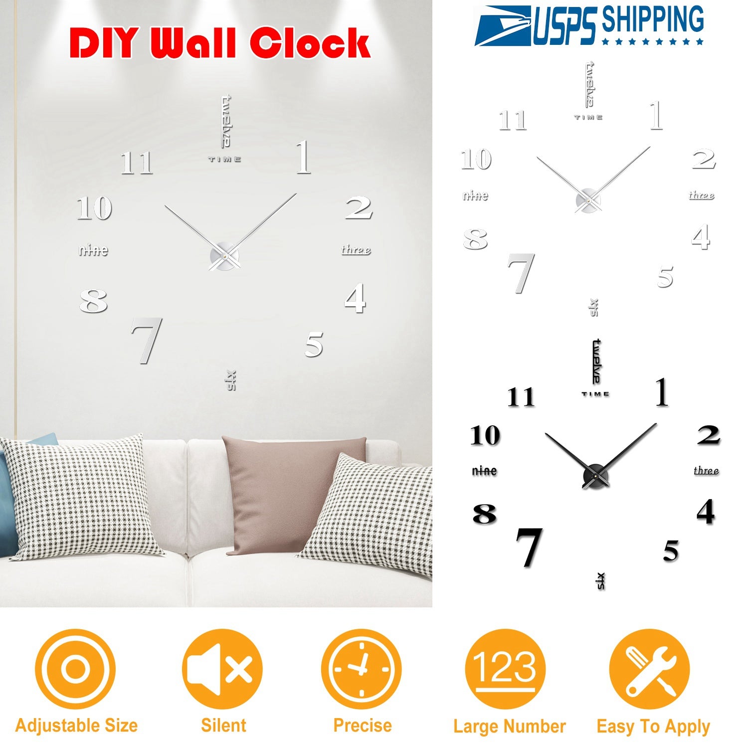 DIY Wall Clock 3D Mirror Surface Sticker Modern Art Wall Clock Home Office Decors Big Number Watch 