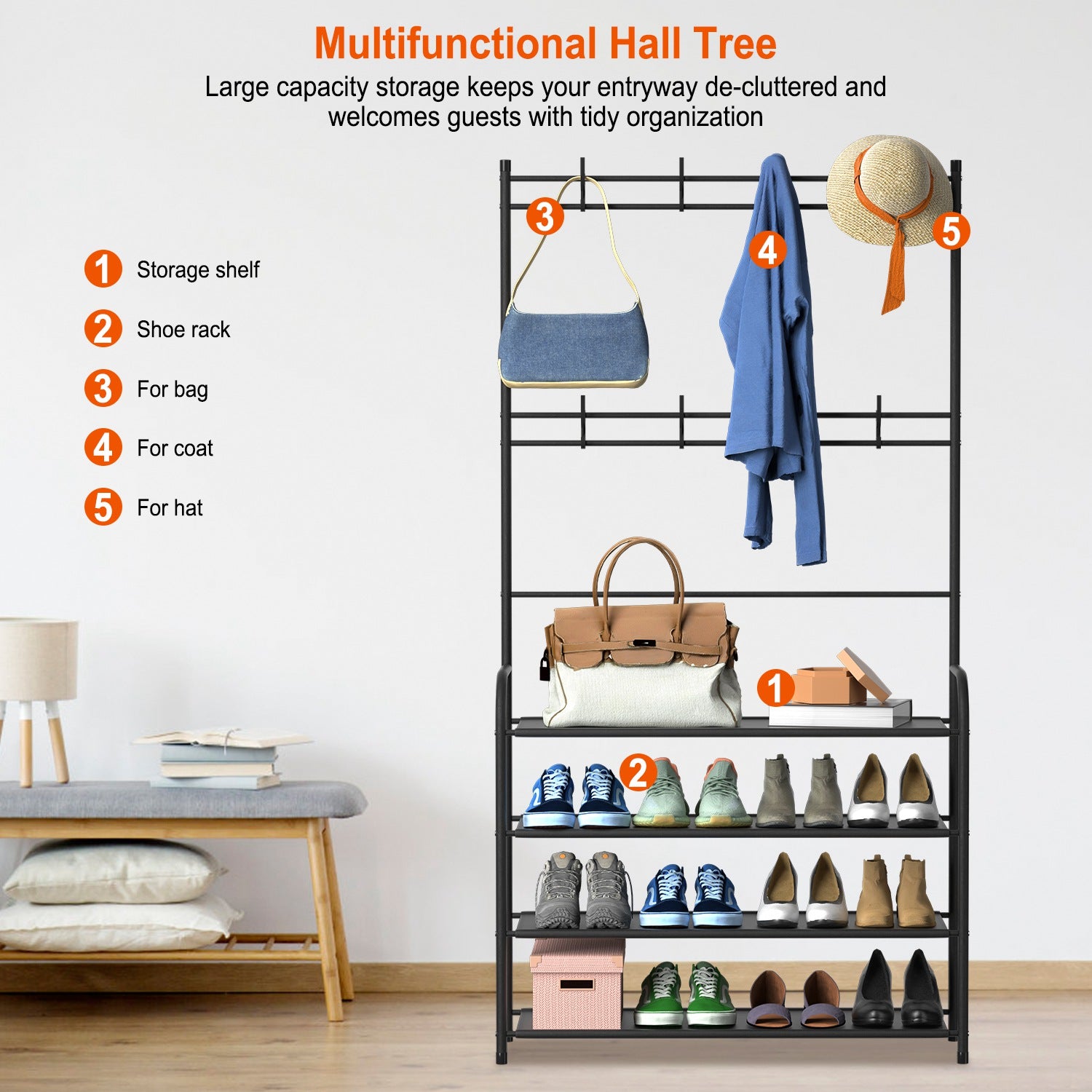 Entryway Coat Hat Rack Shoe Storage Shelf 4 Tier Shoe Rack Freestanding Hall Tree Garment Hanger Stand Clothes Shoe Organizer Combo 