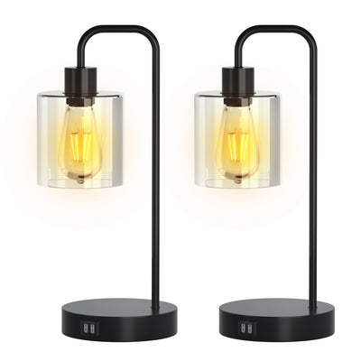 2Packs Touch Control Table Lamp 3-Way Dimmable Nightstand Reading Lamp With Glass Shade or Bedroom Living Room Dual USB Ports AC Power Outlet LED Bulb 