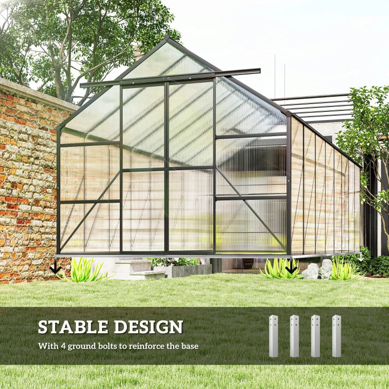 Aluminum Greenhouse Polycarbonate Walk-in Garden Greenhouse Kit with Rain Gutter and Sliding Door, 16' x 8', Dark Grey