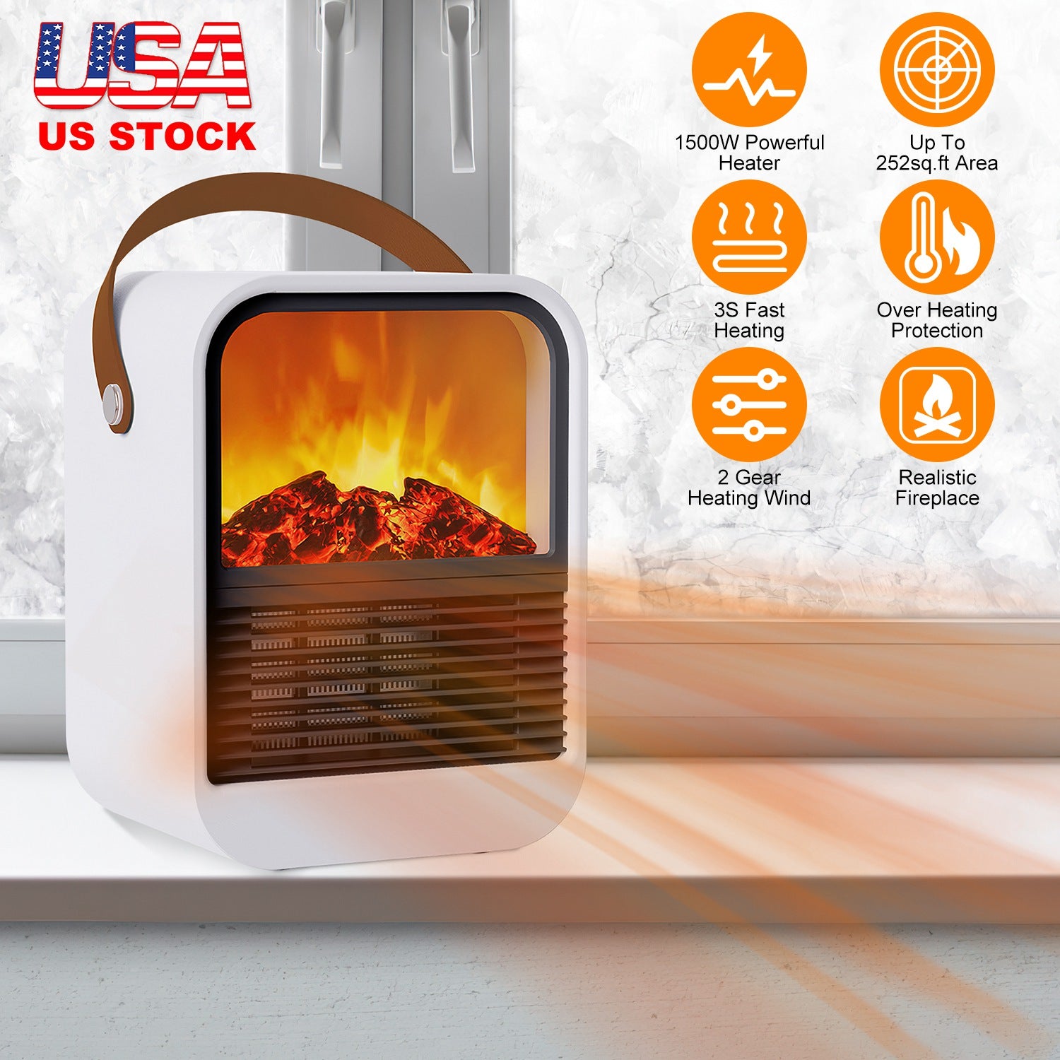 1500W Portable Electric Fireplace Heater 2 Gear Temperature PTC Ceramic Space Heater with Realistic Burning Flame Overheating Tip Over Protection 3S H