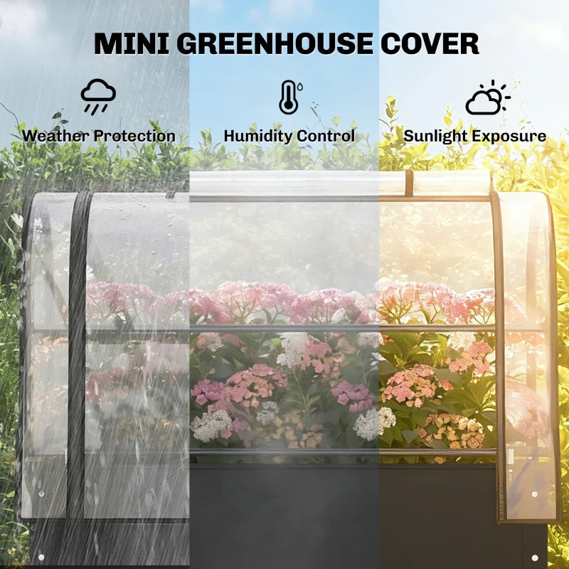 Raised Garden Bed with Flip-Up Greenhouse Cover, Metal Elevated Garden Bed with Legs and Drainage Hole, Black
