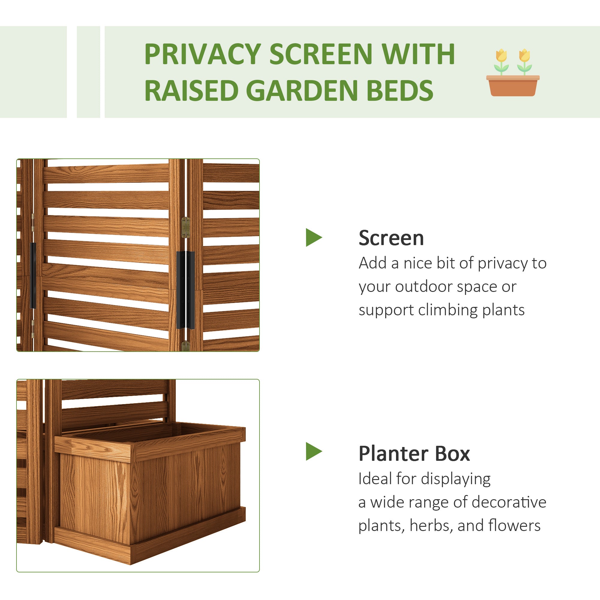 Outsunny Outdoor Wood Privacy Screen with Planter Boxes 3 Panel Raised Bed Drainage Holes Privacy Panel 