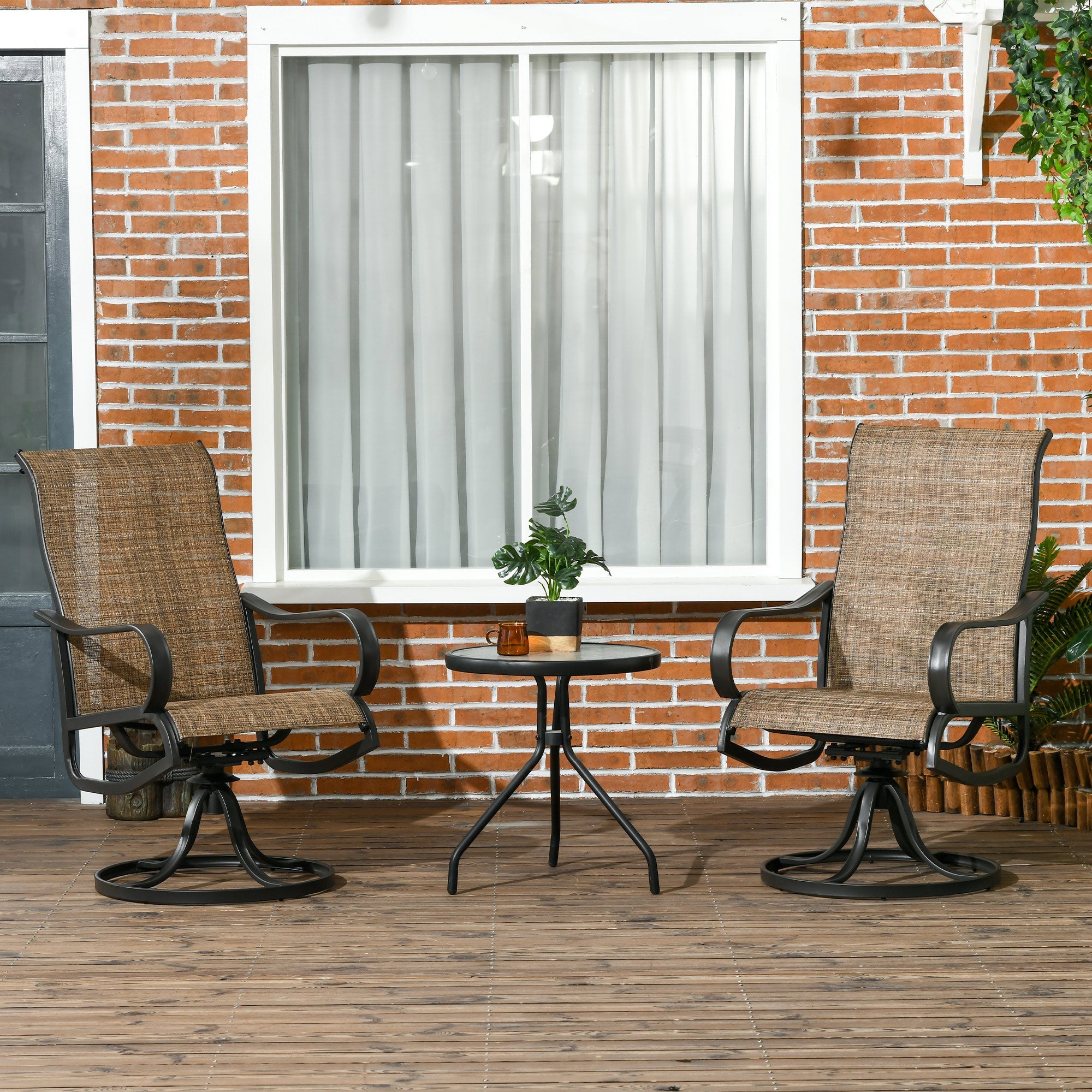 Outsunny 2-Piece Patio 360° Swivel Rocking Chairs with Curved Armrests, S Shape Backrest, Breathable Mesh Fabric Seat & Backrest, Brown 