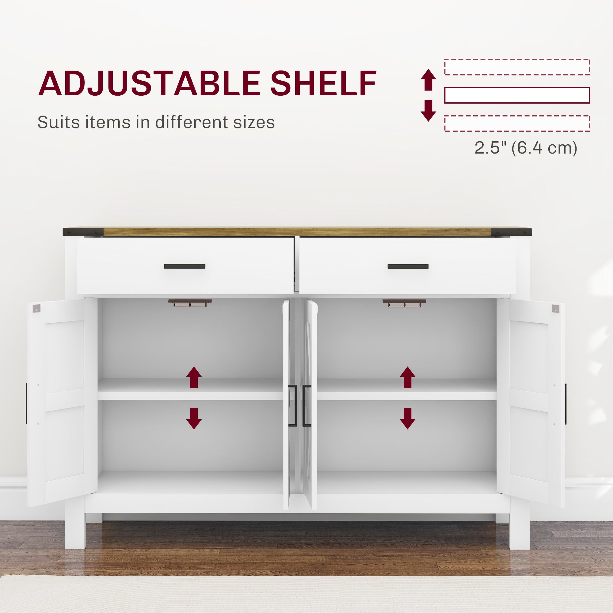 HOMCOM Farmhouse Buffet Cabinet Sideboard with 2 Drawers, 2 Storage Cabinets and Adjustable Shelves, White 