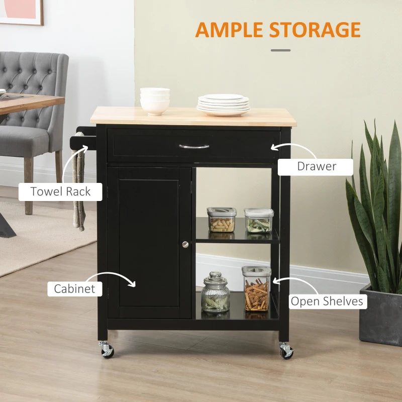 Rolling Kitchen Cart with Wood Top and Drawer, Kitchen Island on Wheels for Dining Room, Black | Aosom Canada