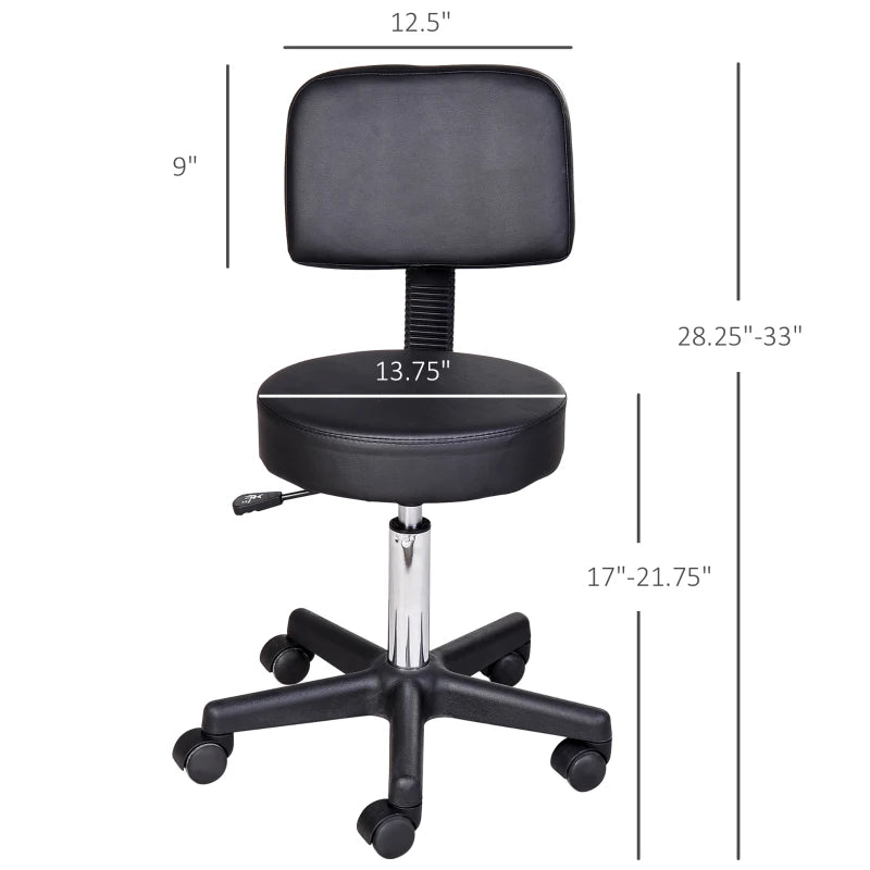 PU Leather Adjustable Rolling Stool, Round Swivel Drafting Stool with Back, Wheels, Black