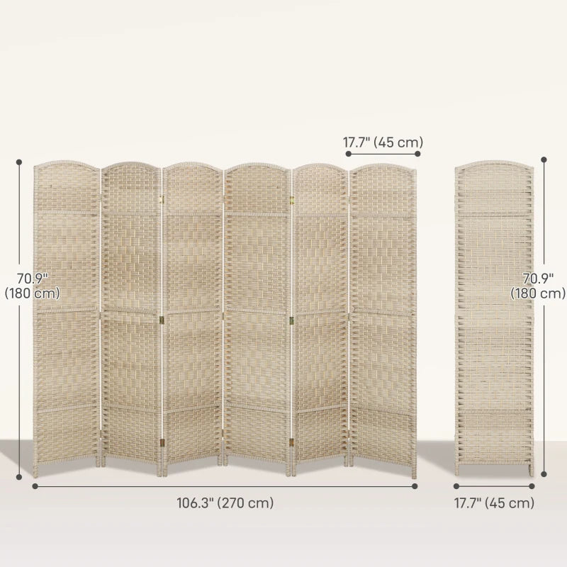 6 Ft Tall Folding Room Divider, 6 Panel Portable Privacy Screen, Hand-Woven Partition Wall Divider, Light Oak