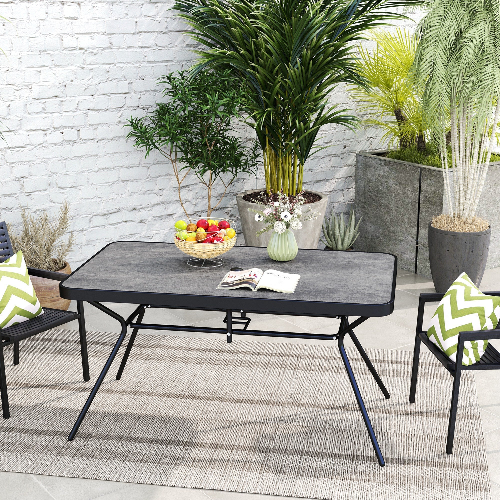 Outsunny Rectangle Outdoor Dining Table for 6, with 1.7" Umbrella Hole, Easy Clean DPC Plastic Tabletop, 55" x 31.5" x 28" 