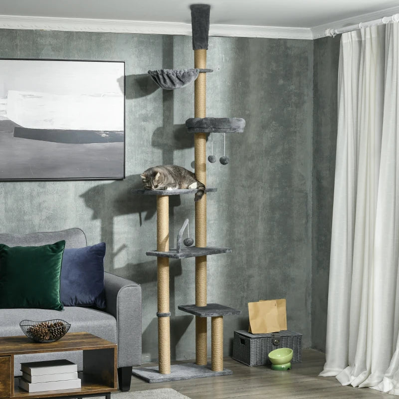 Floor to Ceiling Cat Tree, 90.5" - 98.5" Cat Tower with Scratching Post, Dangling Balls, Platforms, Bed, Hammock, Grey