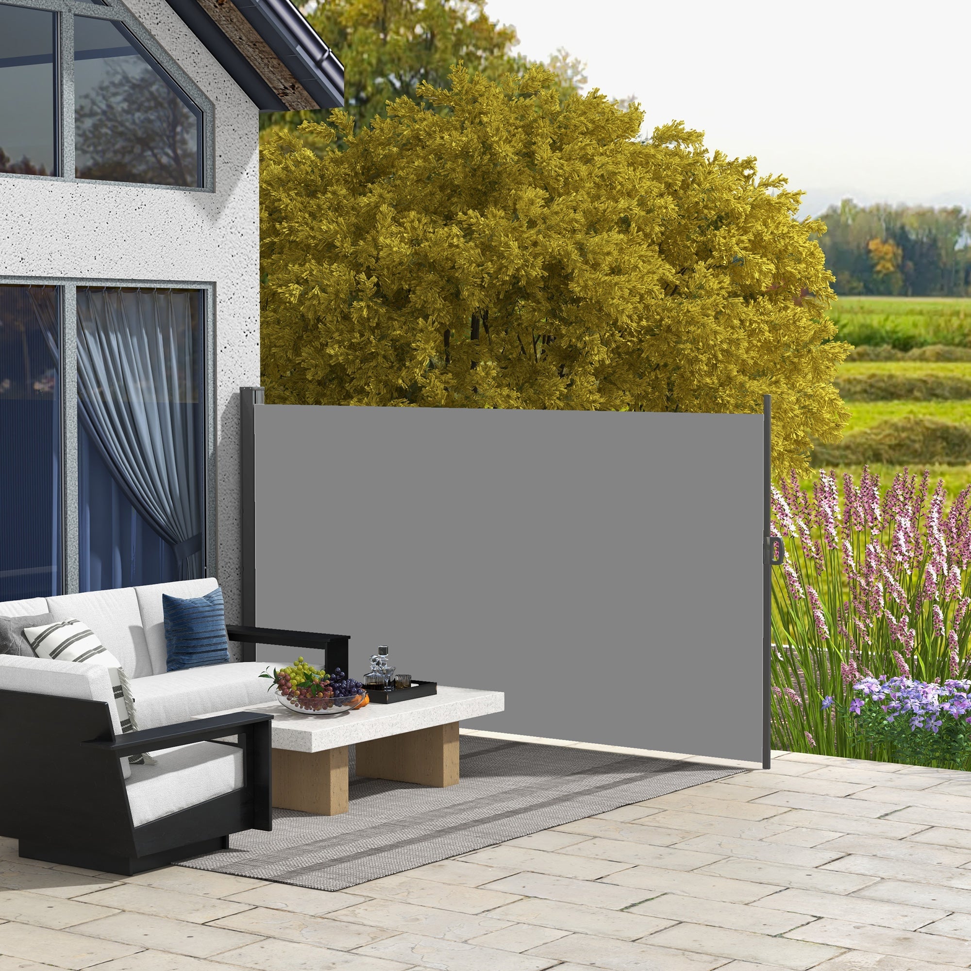 Outsunny 118" x 79"  Outdoor Folding Privacy Screen Retractable Side Awning Patio with Resistance to UV Rays and Wind Light Grey 