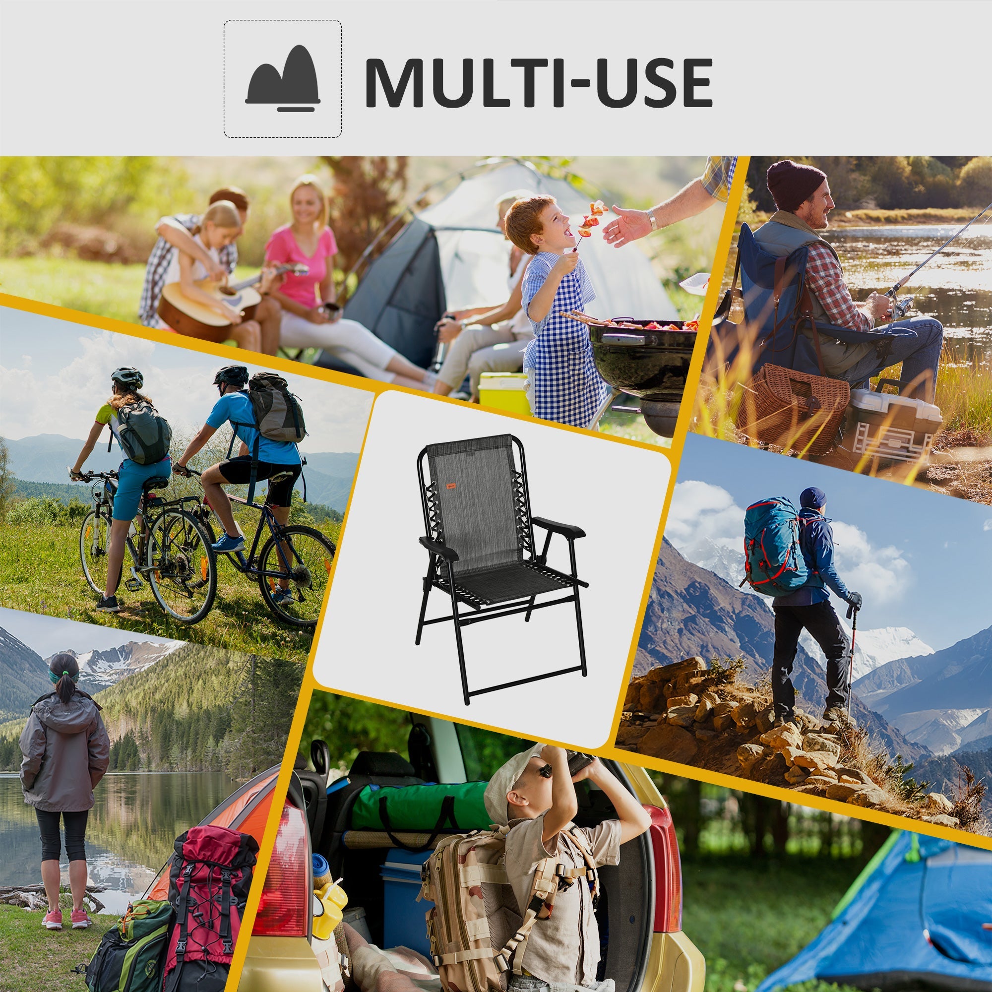 Outsunny Outdoor Folding Chair, Bungee Sling Foldable Chair with Armrests, Folding Lawn Chair for Camping, Garden, Pool, Beach, Backyard, Grey 