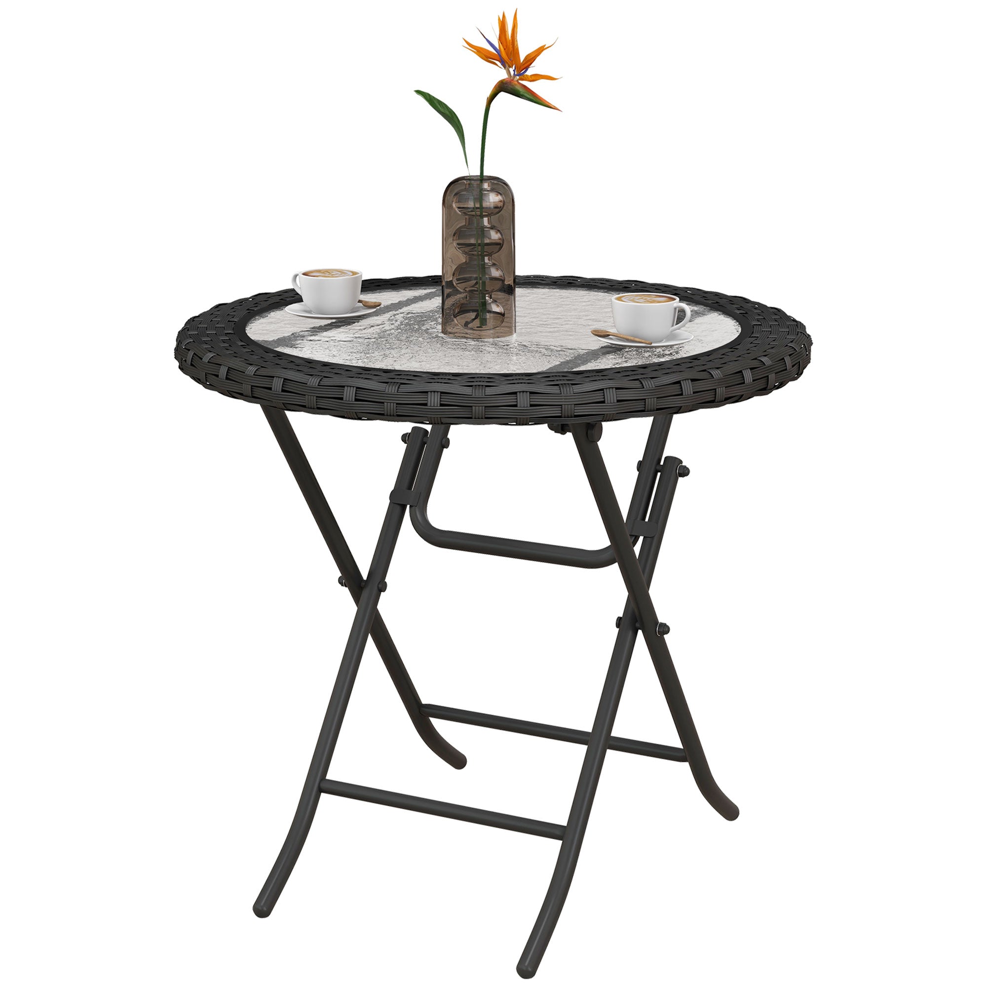 Outsunny Folding Round Table Tempered Glass Metal with Rattan Edging Black 