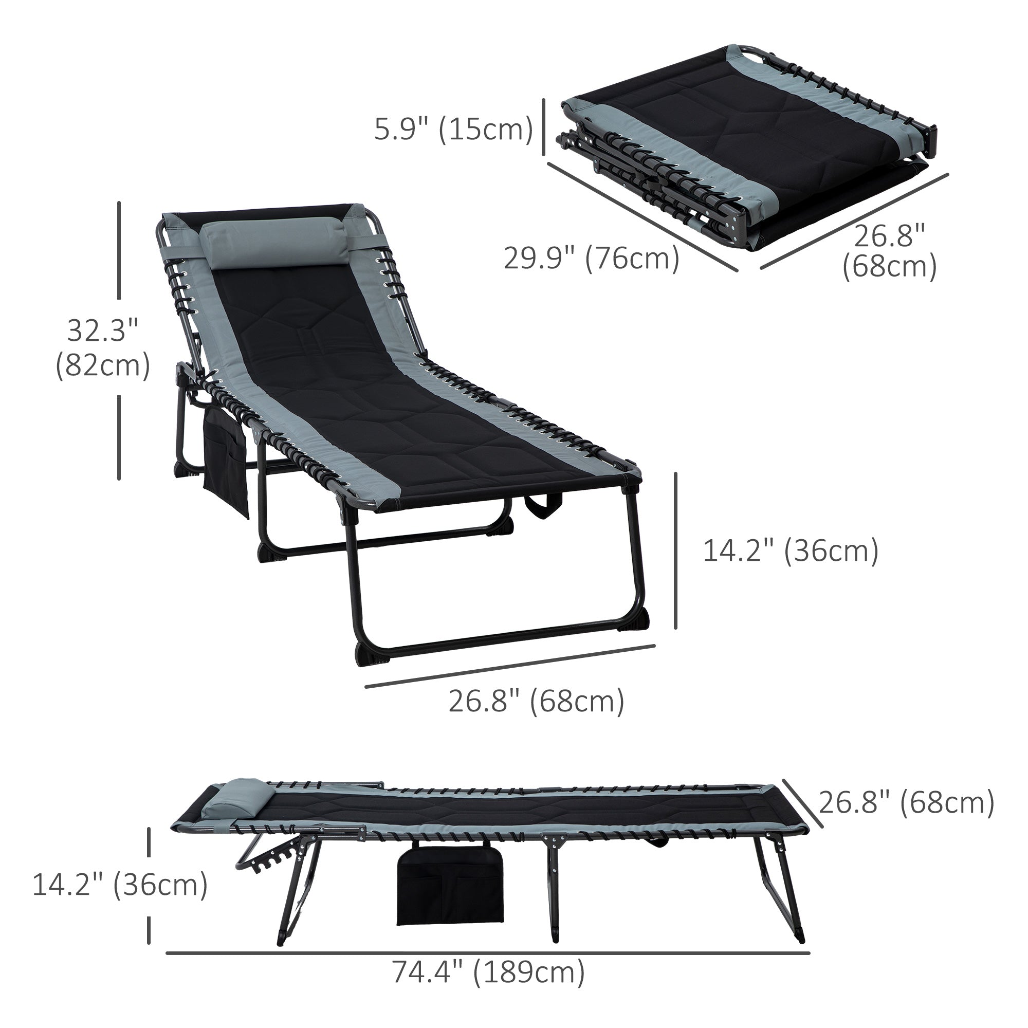 Outsunny Portable Folding Chaise Lounge Chair 5-Level Reclining Outdoor Chair with Side Pocket Headrest Black 