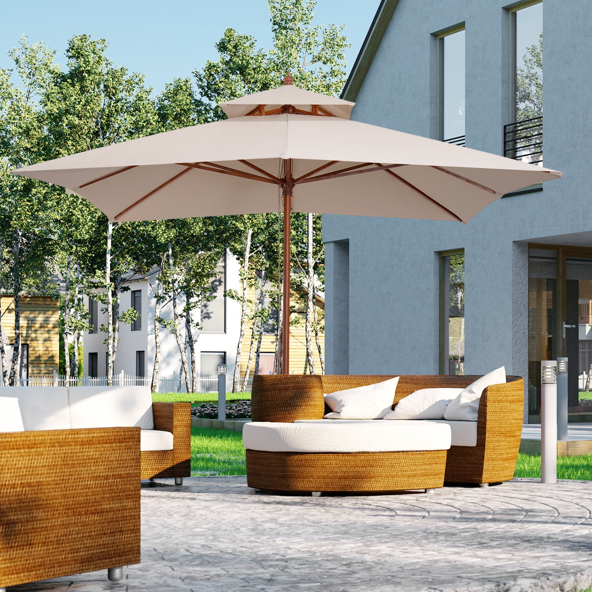 Outsunny 10x10ft Wood Square Patio Umbrella Garden Market Parasol Sunshade Canopy with 2 Pulley Pagoda Style (Khaki) 