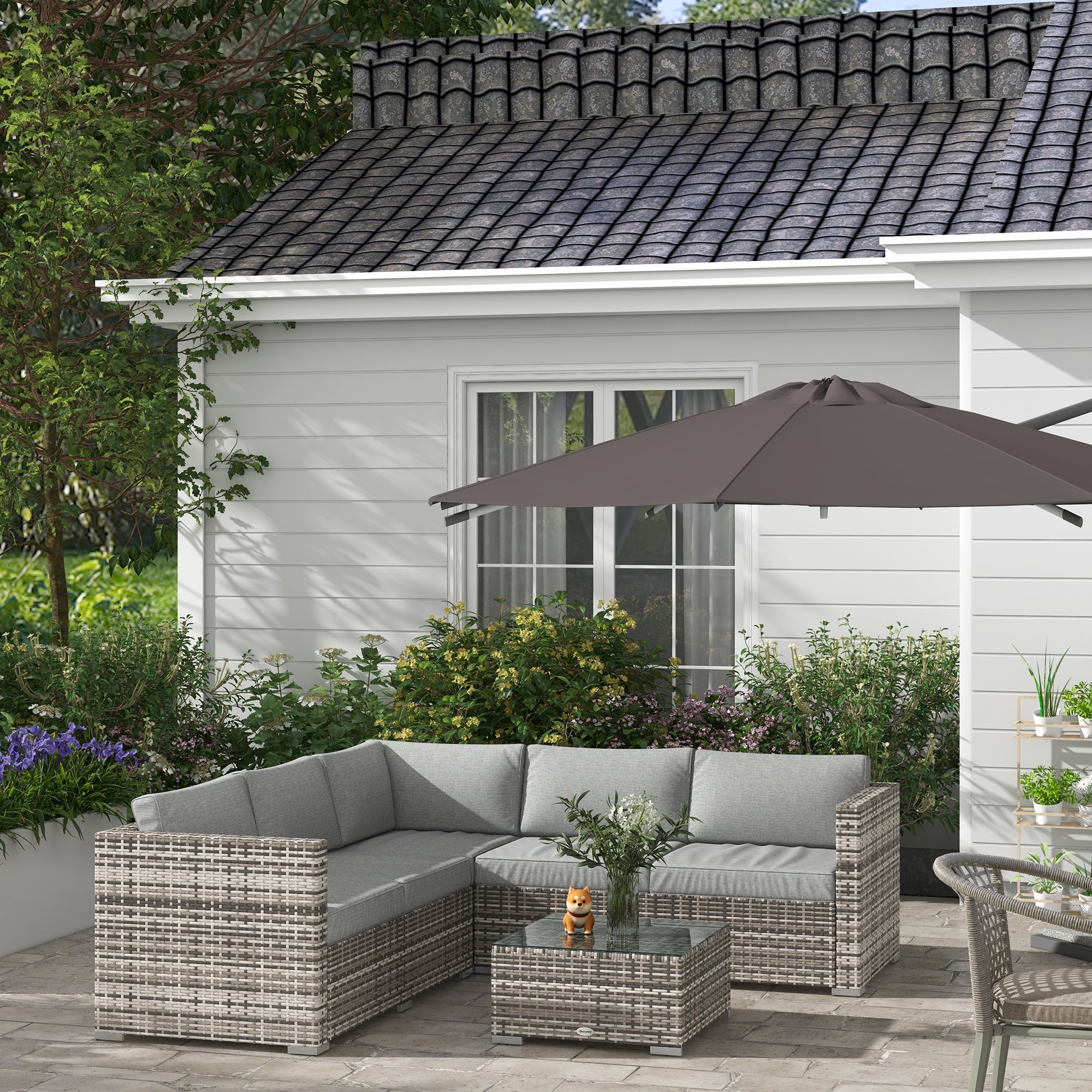 Outsunny 4pc Outdoor Rattan Wicker Conversation Set Corner Sofa Coffee Table with Cushions Mixed Grey 