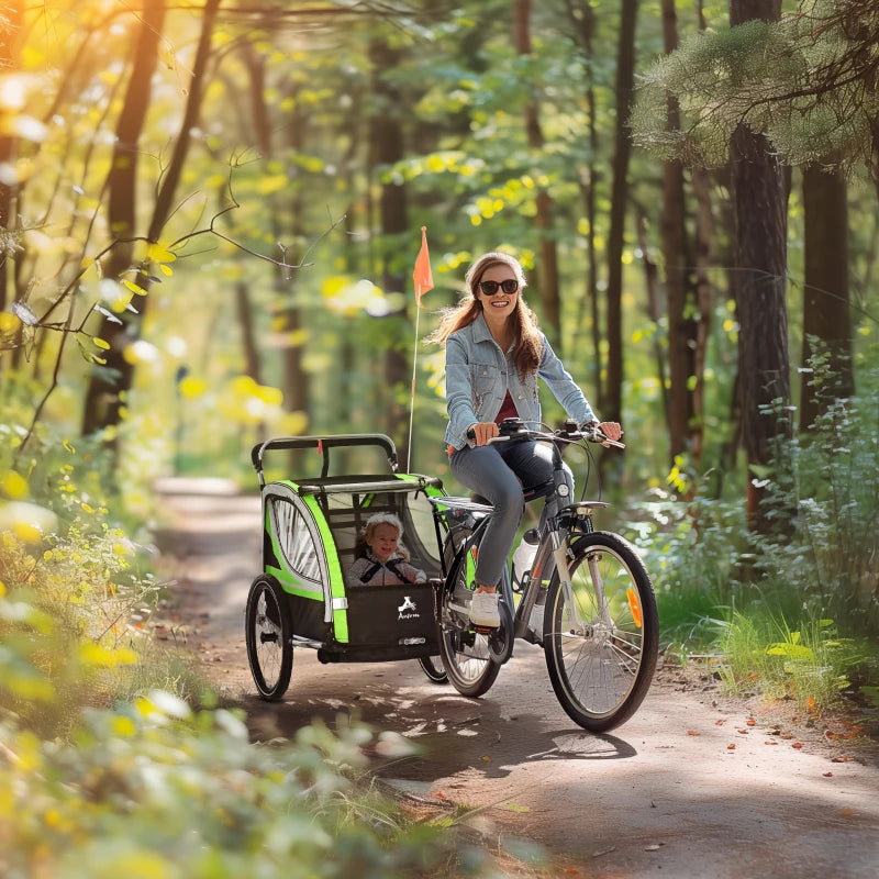 Aosom 3-in-1 Bike Trailer for Kids, Running Stroller with 2 Seats, Jogging Cart with 5-Point Harness, Storage Units, Green