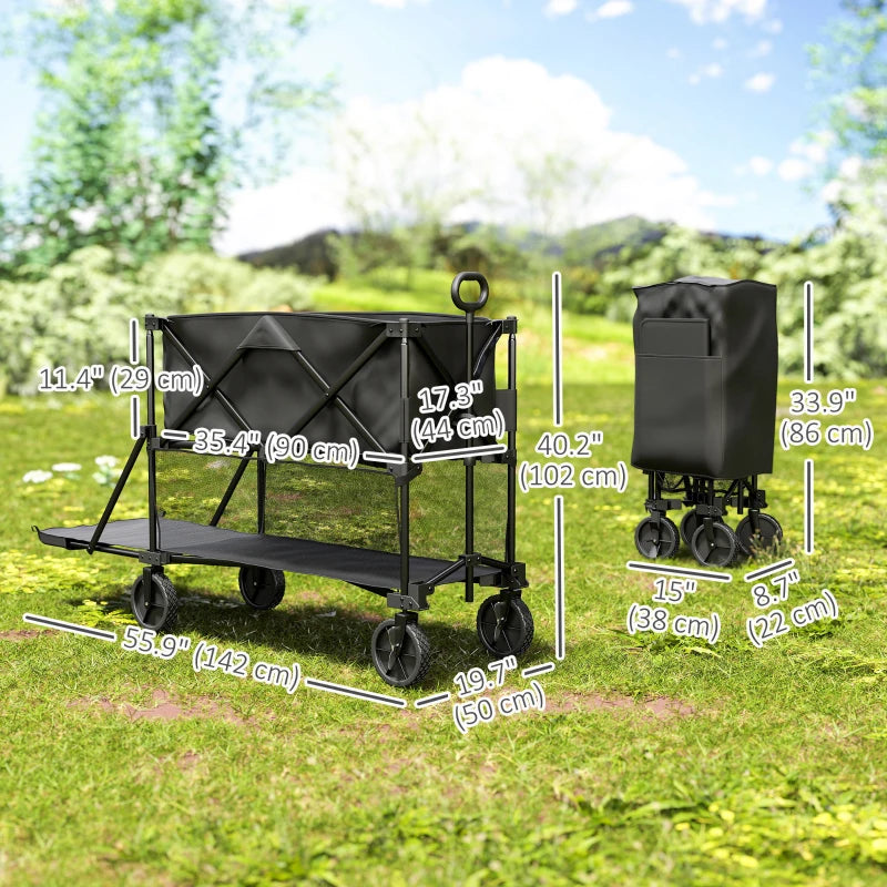 Double Decker Folding Wagon Cart, 450LBS & 350L Capacity Collapsible Garden Cart for Camping Sports Shopping and Beach