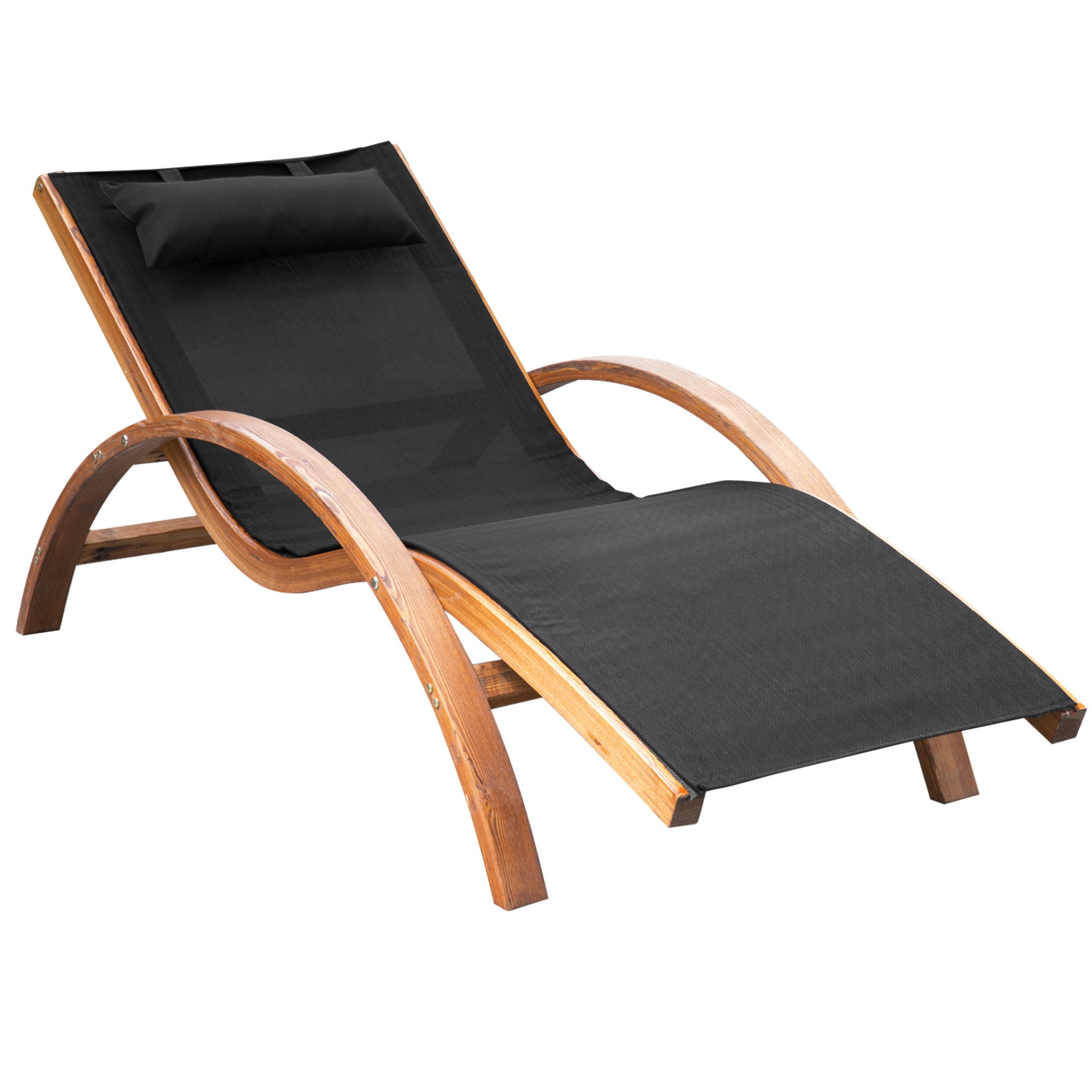 Outsunny Patio Chaise Lounge Chair with Headrest, Garden Sun Lounger Recliner with Wood Frame, Texteline, Black 