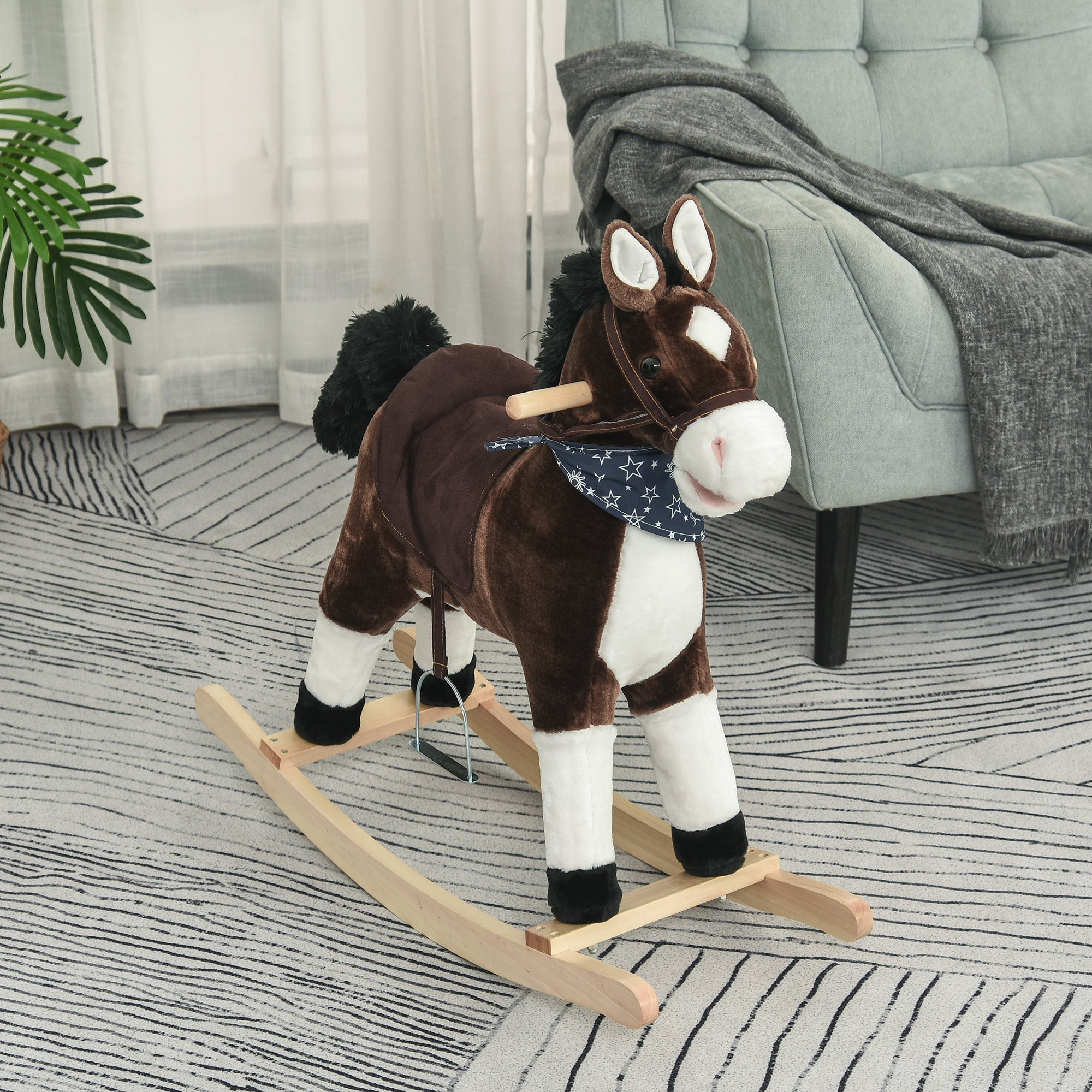 Qaba Kids Plush Ride-On Rocking Horse Toy Cowboy Rocker with Fun Realistic Sounds for Child 3-6 Years Old, Brown 