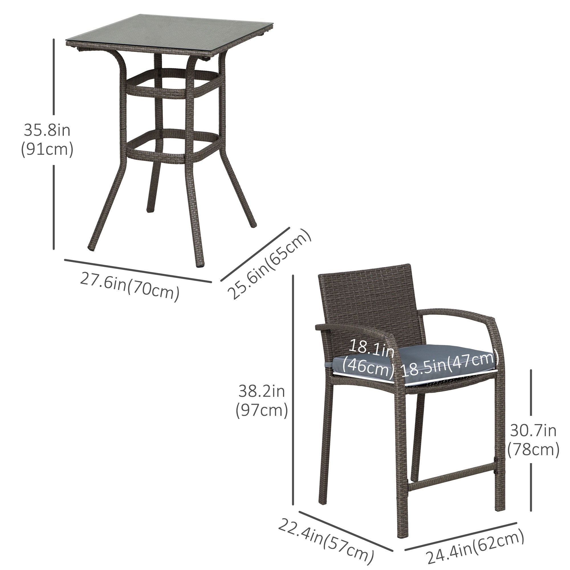 Outsunny 3 Pieces Patio Bar Set Wicker Garden Bistro Set Outdoor Furniture PE Rattan Table and Stools with Seat Cushion, Grey 