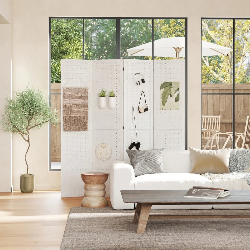 5.6 Ft. Tall 4-Panel Room Divider, Pegboard Panel Folding Privacy Screen, Partition Wall Divider for Bedroom, White