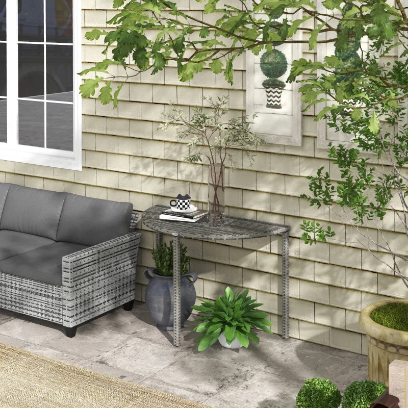 Half Round Side Table, PE Rattan Coffee Table with Metal Frame for Patio, Garden, Balcony, Grey