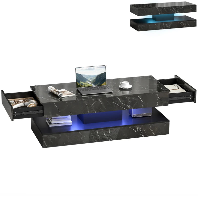 Coffee Table with Adjustable LED Lights, Center Table with 2 Drawers, Open Shelf, Remote, High Gloss Marble-Effect Black
