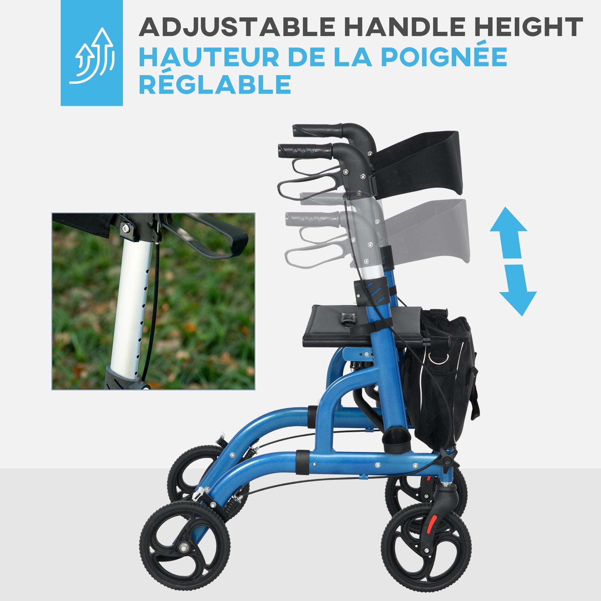 HOMCOM Rollator Walker with 8'' Wheels, Padded Seat and Backrest, Aluminium Lightweight Folding Rolling Walker, Blue 