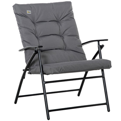 Outsunny Foldable Lounge Chair, Fabric Upholstered Recliner, Outdoor Lounger with Armrest, Metal Frame Camping Beach Chair, Grey 