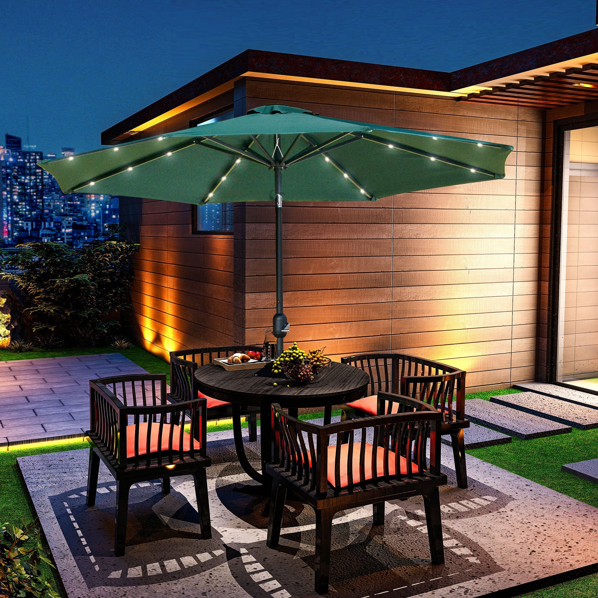 Outsunny 9ft Solar LED Patio Umbrella: Green Crank Tilt Sunshade for Garden, Beach & Outdoor Use 