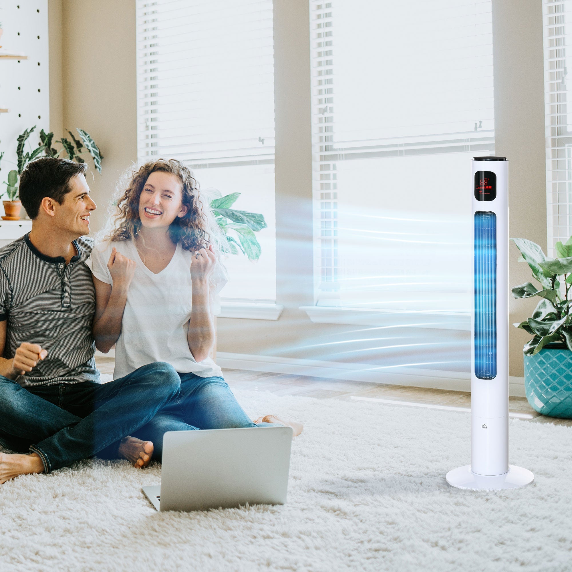 HOMCOM Oscillating Tower Fan Standup Cooling 3 Speed 12h Timer LED Remote White for Efficient Air Circulation 