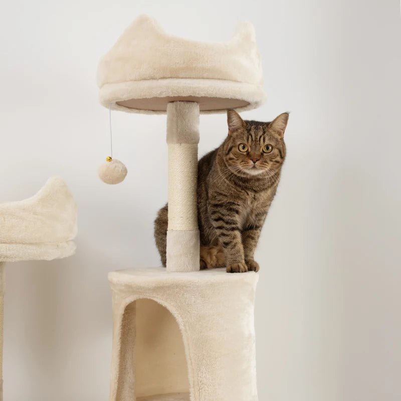 81" Large Cat Tree w/ Scratching Posts, Condos, Beds, Hammocks, Jumping Platforms, Toy Balls, Rope Cat Toy, Beige